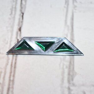 Retro silver and emerald- green rhinestone bar brooch 3.5"